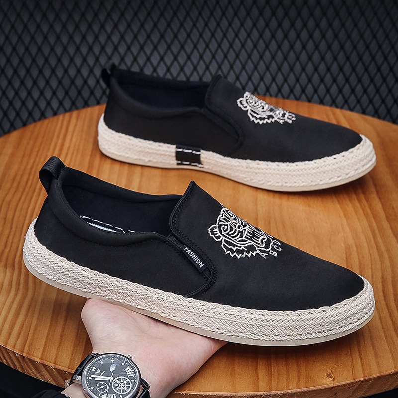 Espadrille Slip On - Czarne oddychające buty męskie luksusowe mokasyny