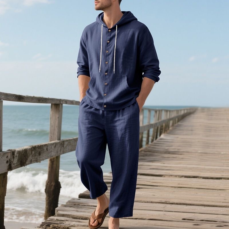 Linen Shirt Breathable - Męski lniany zestaw plażowy, letni, casualowy,