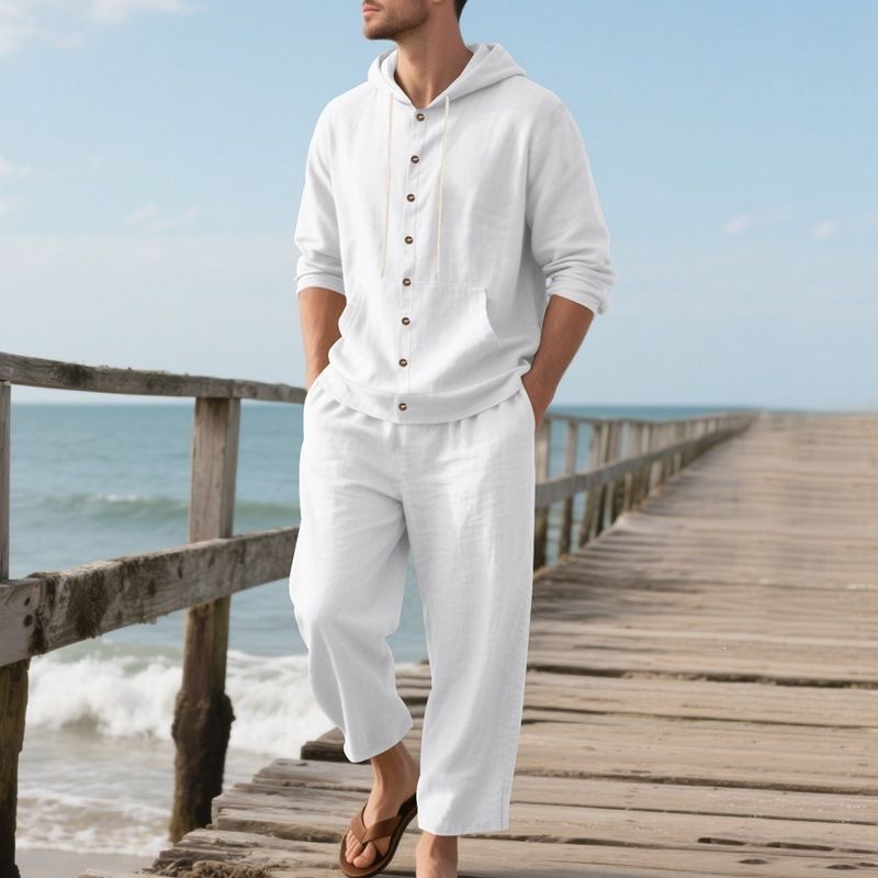 Męski lniany zestaw plażowy, l – Linen Shirt Breathable recenzja i cena